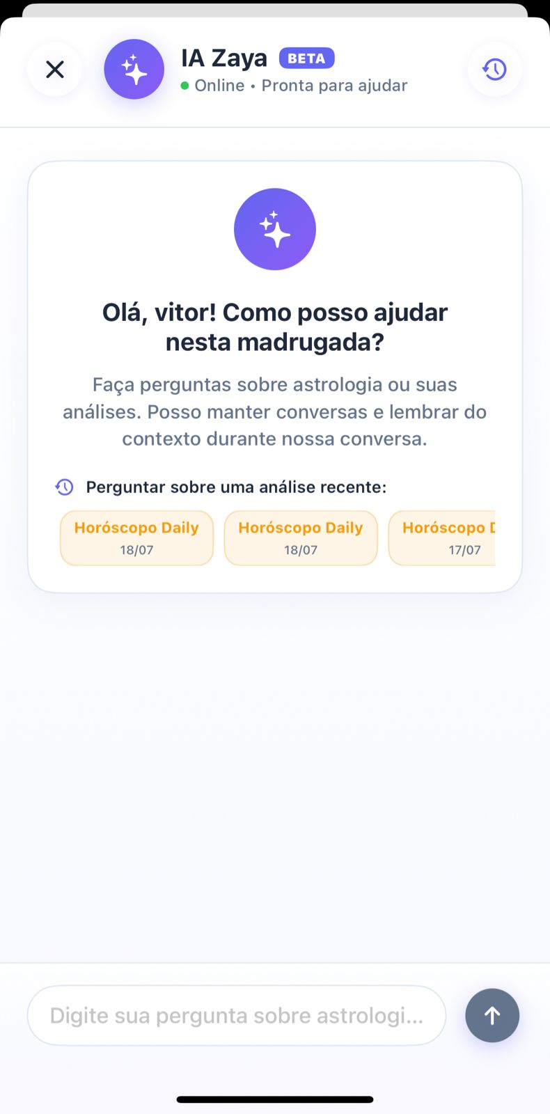 Screenshot real da conversa com Zaya AI - Interface do chat mostrando consulta astrológica personalizada