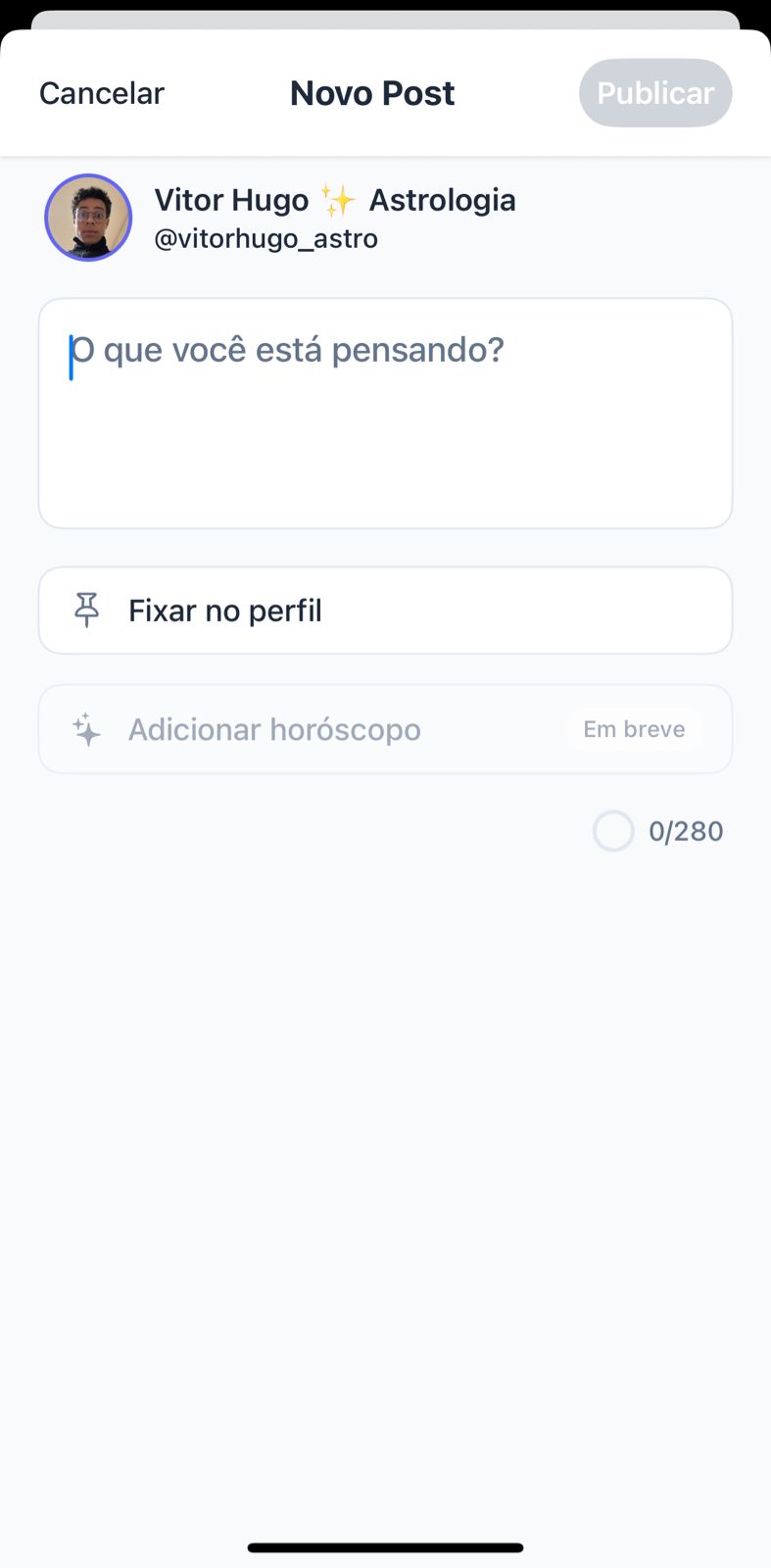 Interface para criar posts na rede social Zaya