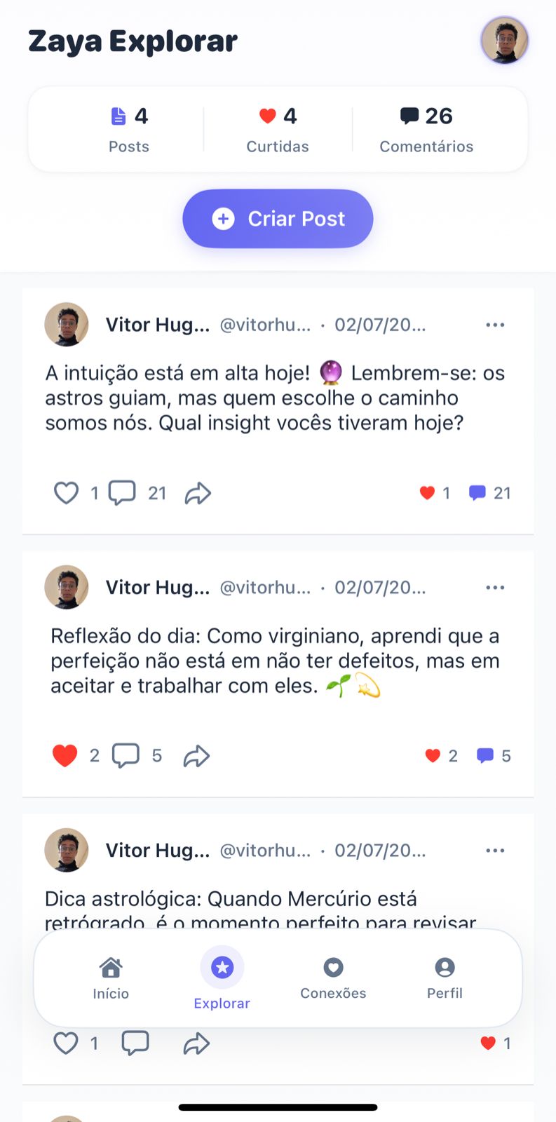Feed da Rede Social Zaya - Comunidade de autoconhecimento e astrologia